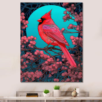 Red Cardinal Bird Under Full Moon - Bird Framed Canvas Art